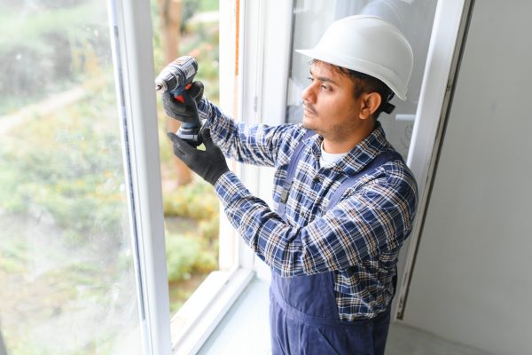 Indian Construction worker installing window in house
